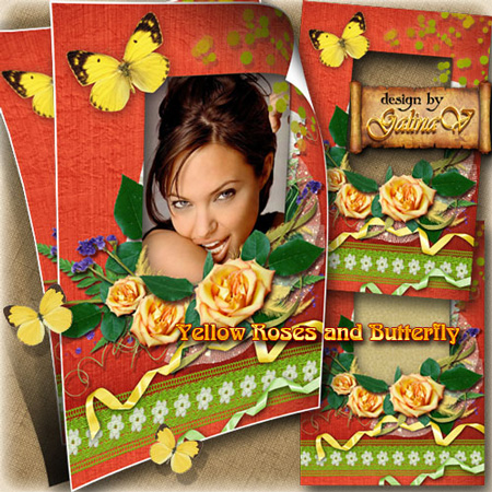 Рамка для фото  - Желтые розы и бабочка